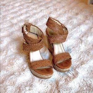 Stuart Weitzman Womens Brown/Tan Elixir Braided Leather Wedge Sandal Size 7.5